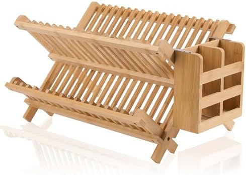 Wooden collapsible small dish rack with utensil holder