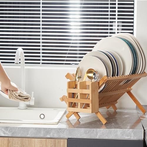 Wooden collapsible small dish rack with utensil holder — photo 3
