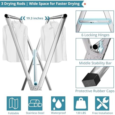 Large stainless steel folding clothes drying rack 95 in — photo 5