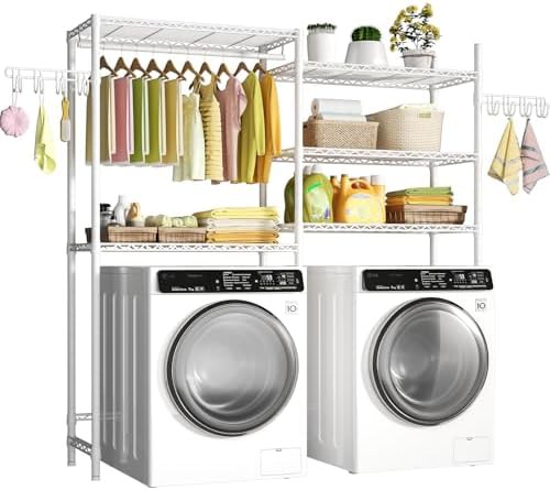 Five tier clothes drying rack over washer