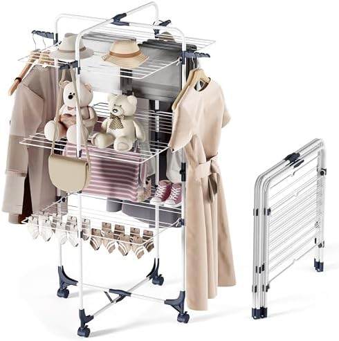 Three tier collapsible white garment drying station