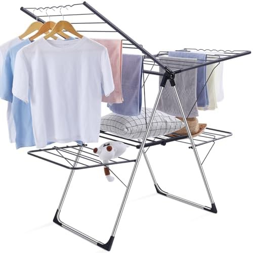 Foldable two level laundry rack with adjustable wings