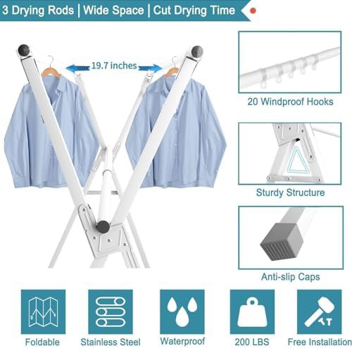 White heavy duty folding clothes drying rack 95 in — photo 4