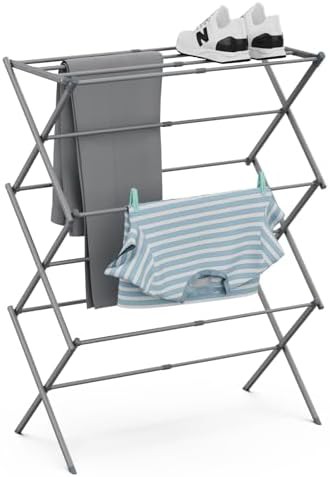 Small grey collapsible clothes drying rack