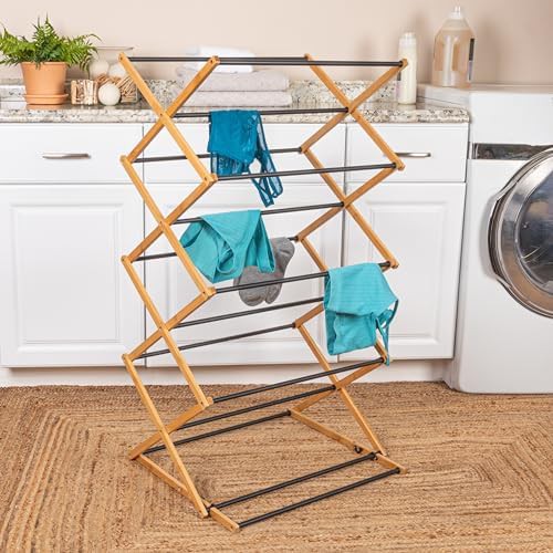 Black bamboo adjustable folding laundry rack — photo 5
