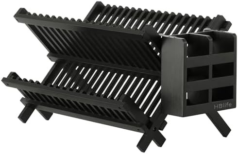 Two tier bamboo collapsible dish rack