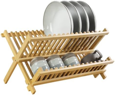 Two tier bamboo plate organizer rack