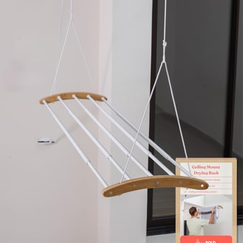 Ceiling mounted wooden pulley drying rack
