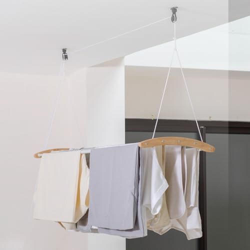 Ceiling mounted wooden pulley drying rack — photo 3