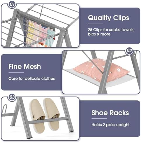 Grey height adjustable folding laundry rack — photo 4