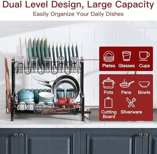 Black two tier stainless dish rack — photo 3