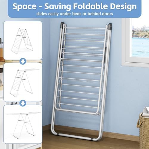 White metal foldable laundry rack with sock clips — photo 3