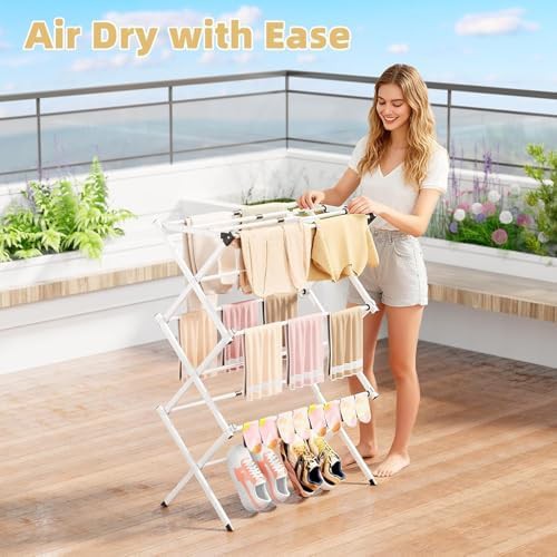 White foldable extendable laundry drying rack — photo 5