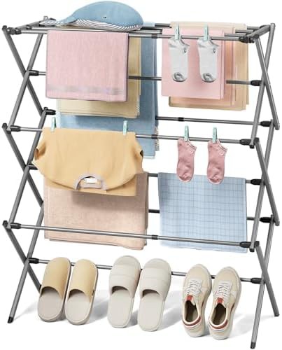 Small grey three tier folding rack