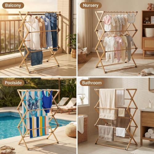 Beige foldable three tier bamboo rack — photo 5