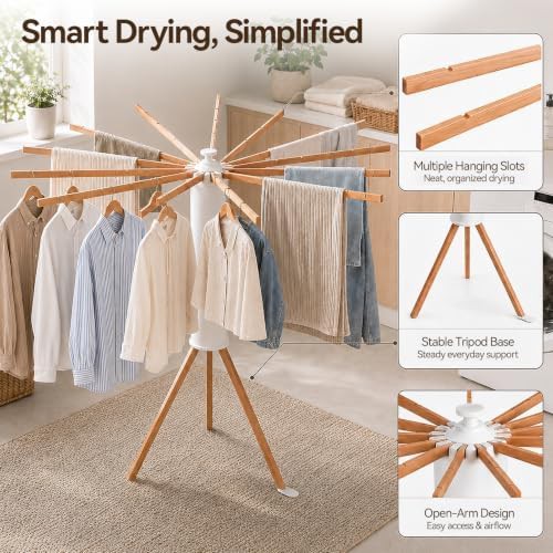 Rotary wooden tripod laundry rack — photo 4
